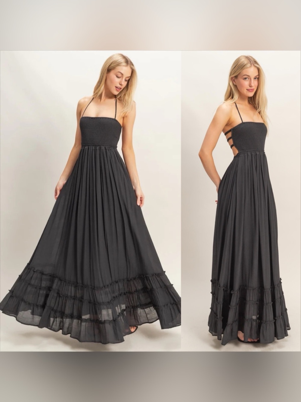 Women’s Black Smocked Halter Open Back Maxi Dress.